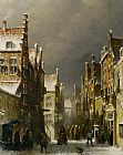 Town Canvas Paintings - Figures in the Snow Covered Streets of a Dutch Town